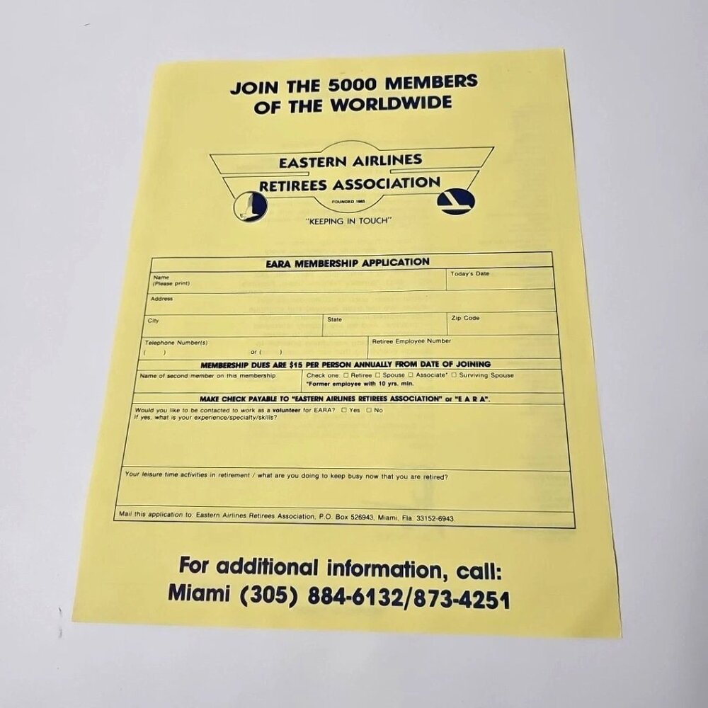 Eastern Airlines Retirees Association BLANK EARA Membership Application Ephemera
